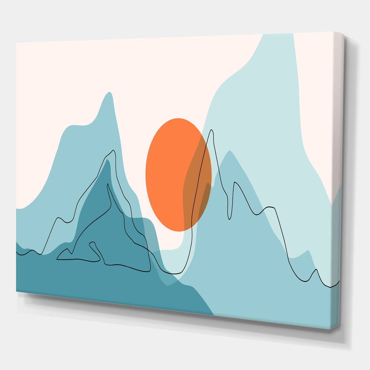 Designart - Red Moon Over Abstract Blue Mountains I - Modern Canvas Wall Art Print